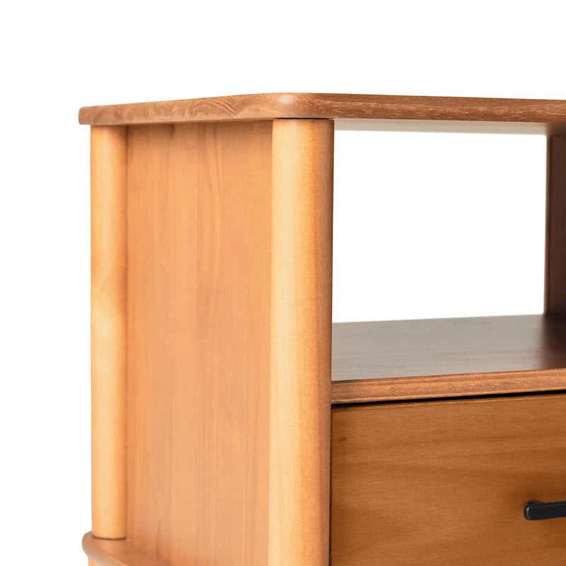 Comodino Mid-Century Modern in legno massello con fusi