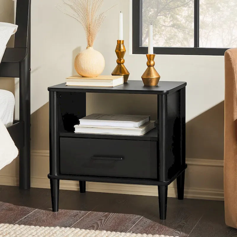 Comodino Mid-Century Modern in legno massello con fusi