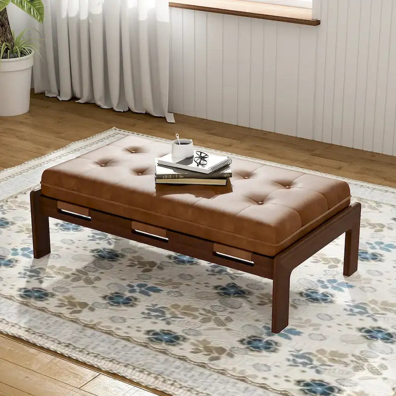 Tavolino poggiapiedi rettangolare imbottito tufted da 48,4" con struttura in legno di caucciù