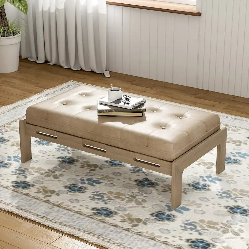 Tavolino poggiapiedi rettangolare imbottito tufted da 48,4" con struttura in legno di caucciù