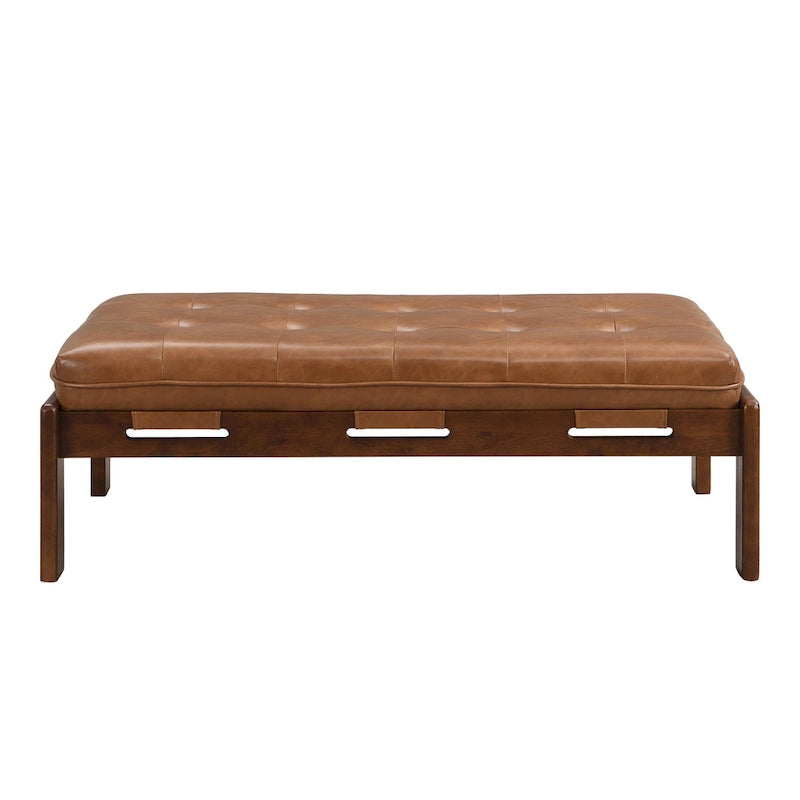 Tavolino poggiapiedi rettangolare imbottito tufted da 48,4" con struttura in legno di caucciù