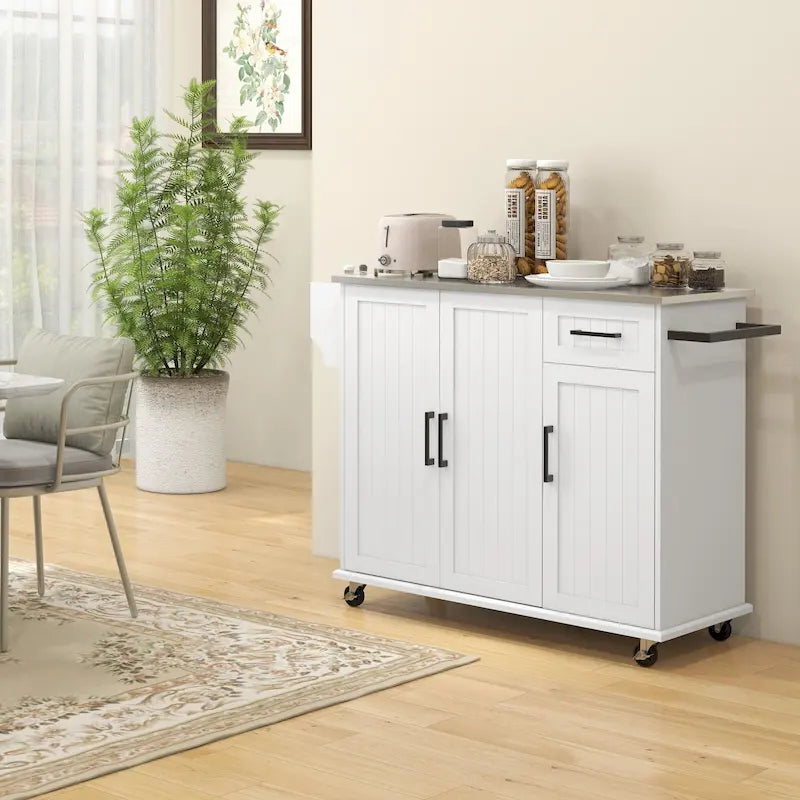 Isola da Cucina con Contenitore, Carrello su Ruote con Cassetto, 3 Armadietti, Piano di Lavoro in Acciaio Inossidabile