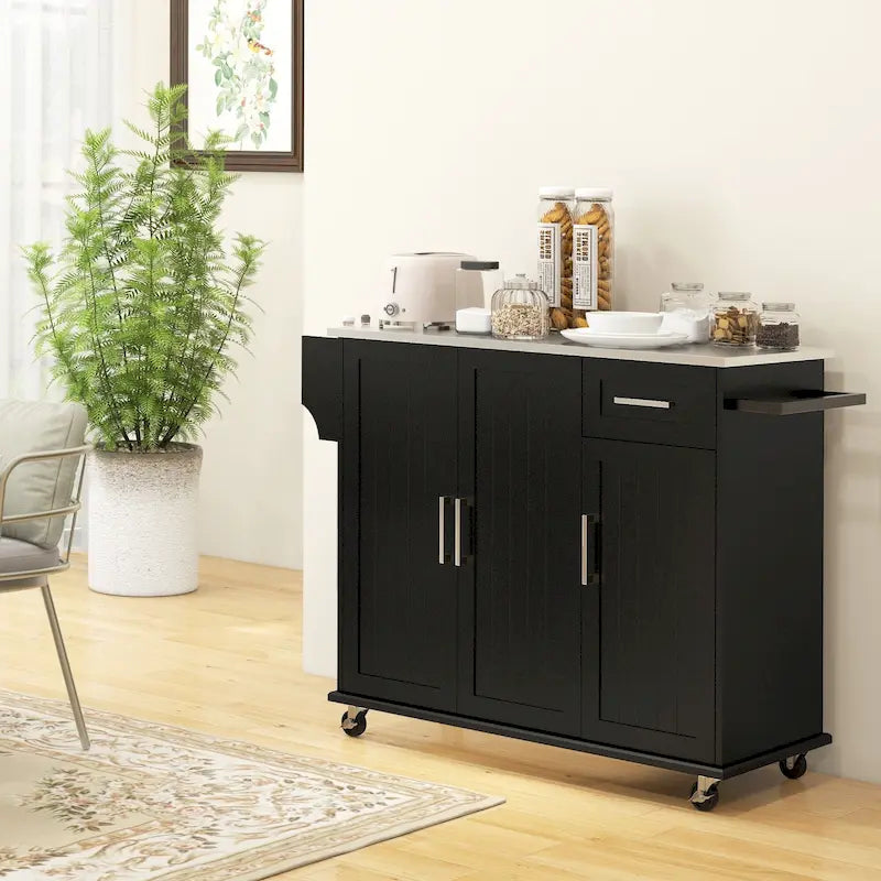Isola da Cucina con Contenitore, Carrello su Ruote con Cassetto, 3 Armadietti, Piano di Lavoro in Acciaio Inossidabile