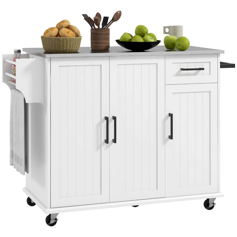 Isola da Cucina con Contenitore, Carrello su Ruote con Cassetto, 3 Armadietti, Piano di Lavoro in Acciaio Inossidabile