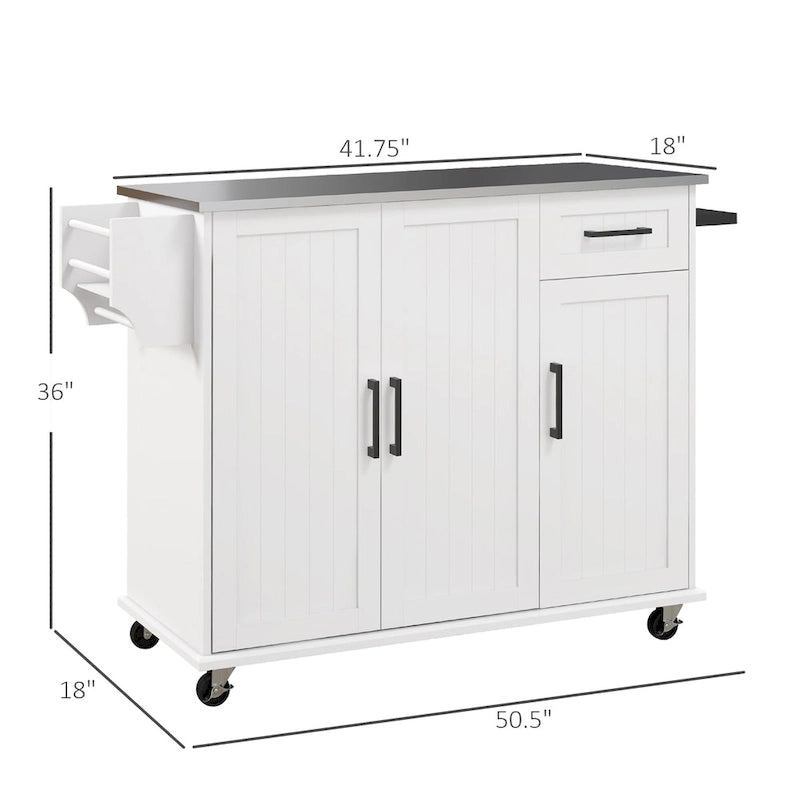 Isola da Cucina con Contenitore, Carrello su Ruote con Cassetto, 3 Armadietti, Piano di Lavoro in Acciaio Inossidabile
