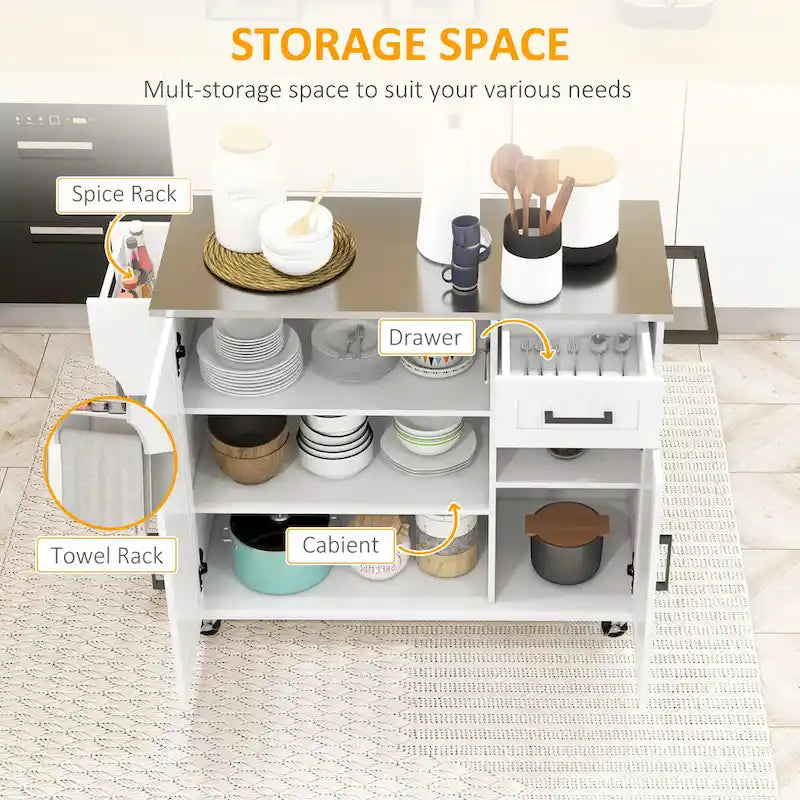 Isola da Cucina con Contenitore, Carrello su Ruote con Cassetto, 3 Armadietti, Piano di Lavoro in Acciaio Inossidabile
