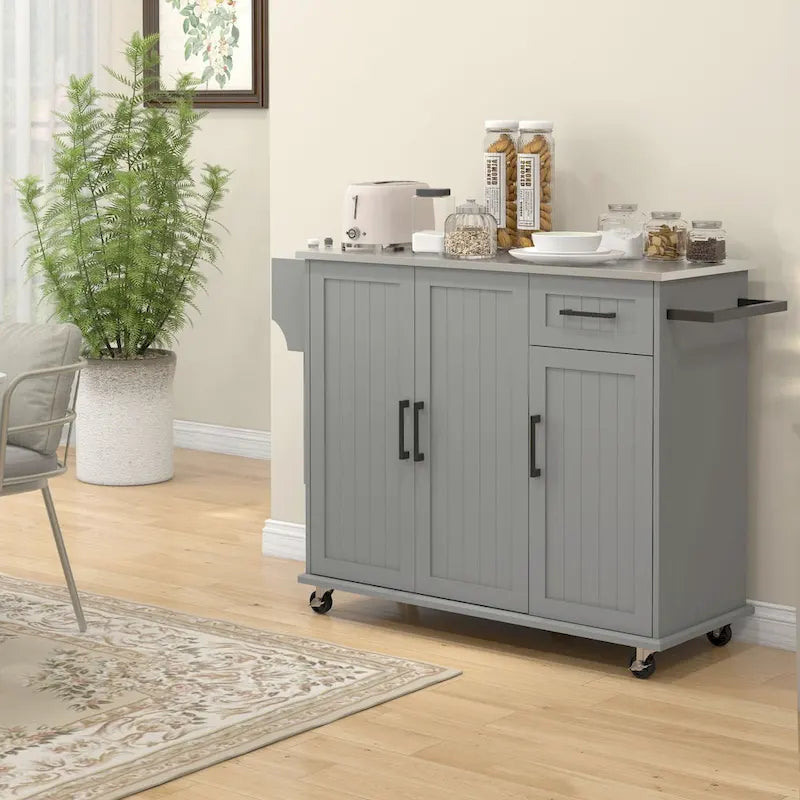 Isola da Cucina con Contenitore, Carrello su Ruote con Cassetto, 3 Armadietti, Piano di Lavoro in Acciaio Inossidabile