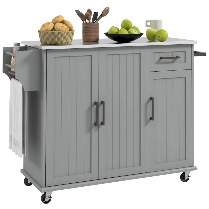 Isola da Cucina con Contenitore, Carrello su Ruote con Cassetto, 3 Armadietti, Piano di Lavoro in Acciaio Inossidabile