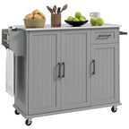 Isola da Cucina con Contenitore, Carrello su Ruote con Cassetto, 3 Armadietti, Piano di Lavoro in Acciaio Inossidabile