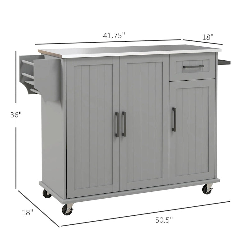 Isola da Cucina con Contenitore, Carrello su Ruote con Cassetto, 3 Armadietti, Piano di Lavoro in Acciaio Inossidabile
