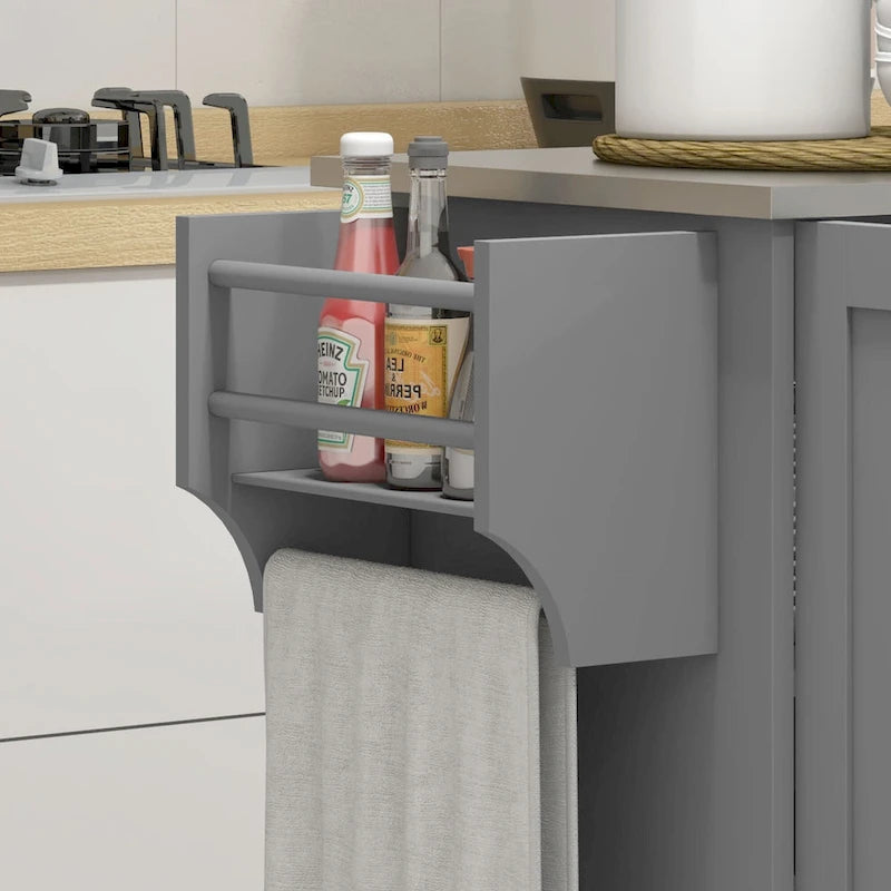 Isola da Cucina con Contenitore, Carrello su Ruote con Cassetto, 3 Armadietti, Piano di Lavoro in Acciaio Inossidabile