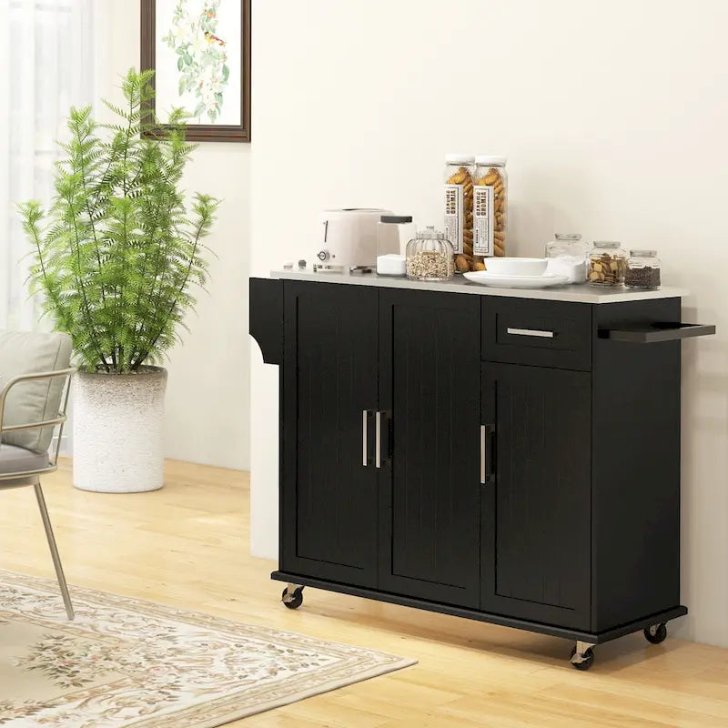 Isola da Cucina con Contenitore, Carrello su Ruote con Cassetto, 3 Armadietti, Piano di Lavoro in Acciaio Inossidabile