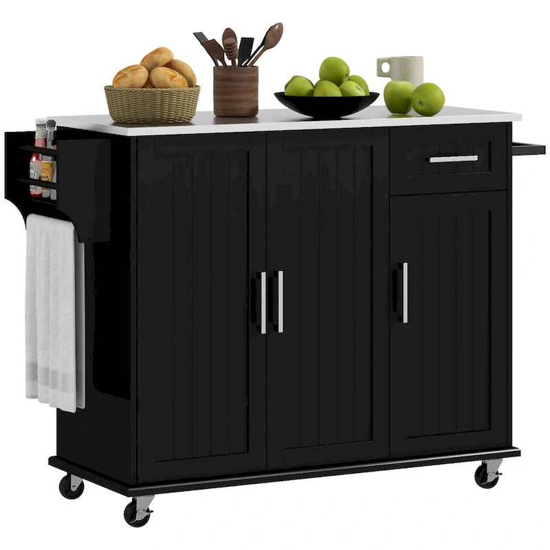 Isola da Cucina con Contenitore, Carrello su Ruote con Cassetto, 3 Armadietti, Piano di Lavoro in Acciaio Inossidabile
