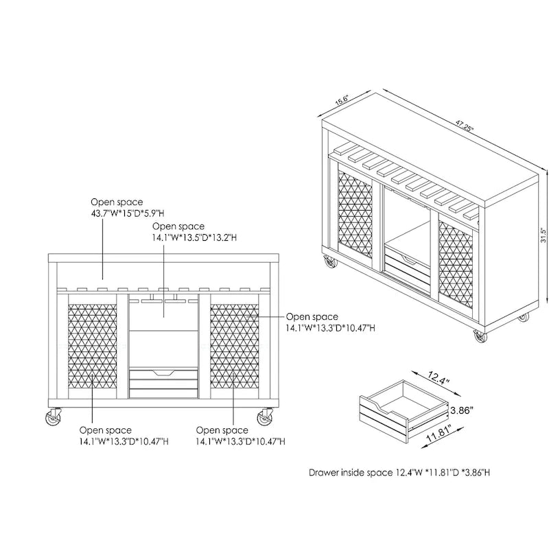 Cassettiera buffet contemporanea a 4 ripiani su ruote