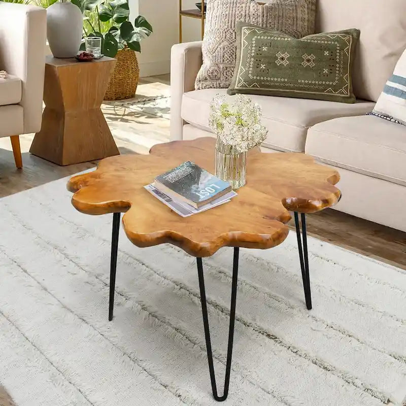 Tavolino da Caffè in Legno Bordo Naturale con Gambe a Forcina – Design a 4 Pannelli
