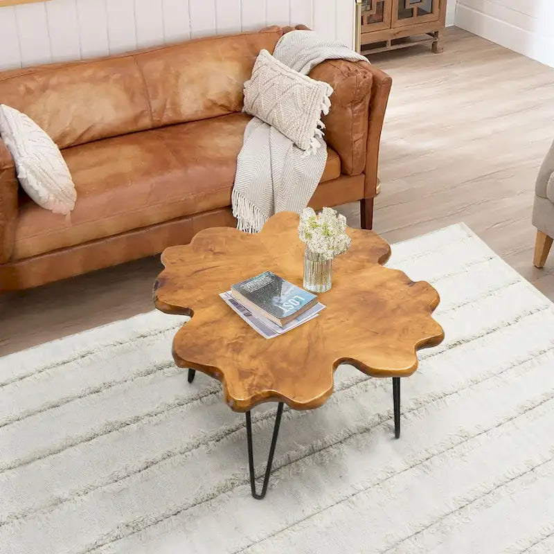 Tavolino da Caffè in Legno Bordo Naturale con Gambe a Forcina – Design a 4 Pannelli