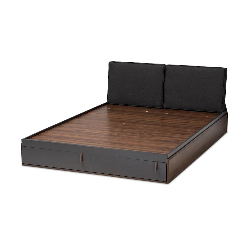 Letto matrimoniale contenitore con piattaforma e testiera imbottita