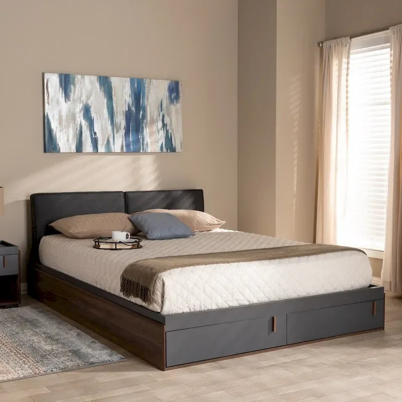 Letto matrimoniale contenitore con piattaforma e testiera imbottita