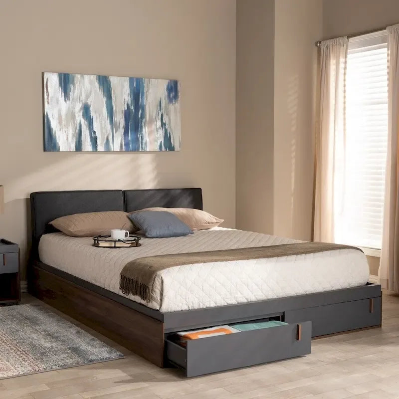 Letto matrimoniale contenitore con piattaforma e testiera imbottita