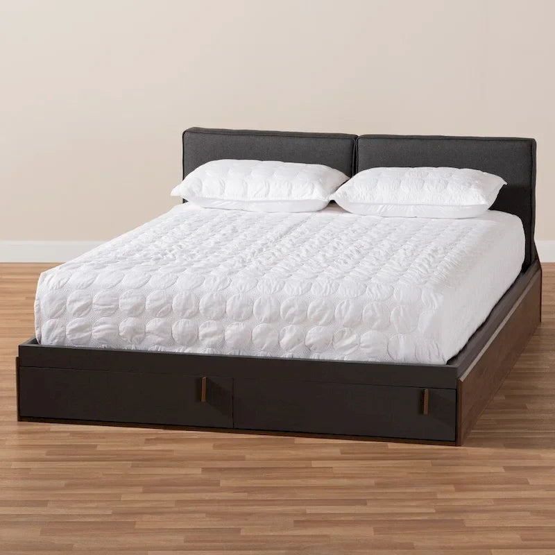 Letto matrimoniale contenitore con piattaforma e testiera imbottita