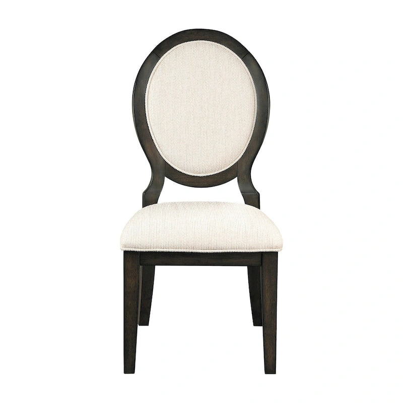 Set di 2 sedie da pranzo, schienale ovale imbottito, tessuto in polilino, crema