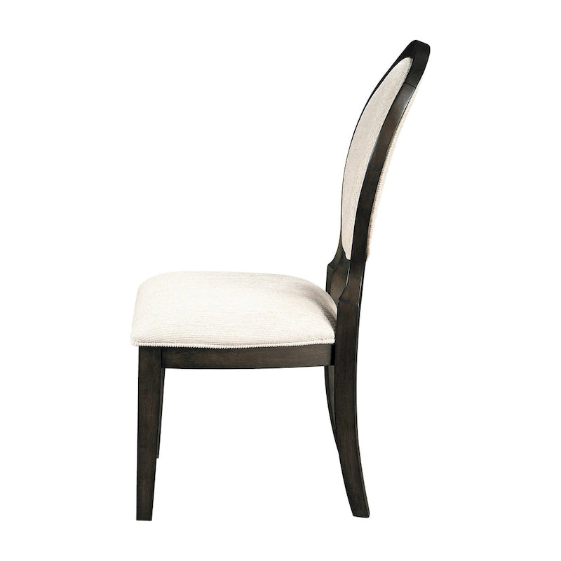 Set di 2 sedie da pranzo, schienale ovale imbottito, tessuto in polilino, crema