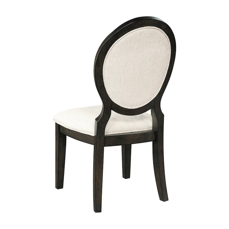 Set di 2 sedie da pranzo, schienale ovale imbottito, tessuto in polilino, crema