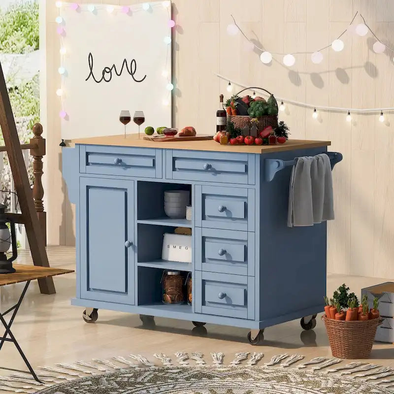 Carrello da cucina su ruote con 5 cassetti, portaspezie, portasciugamani e piano in legno di gomma