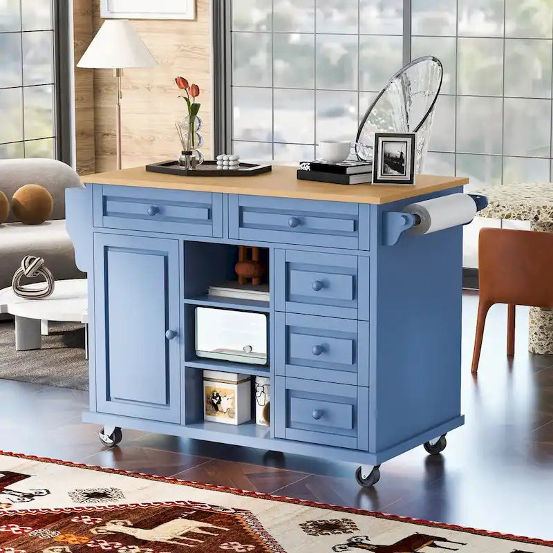 Carrello da cucina su ruote con 5 cassetti, portaspezie, portasciugamani e piano in legno di gomma