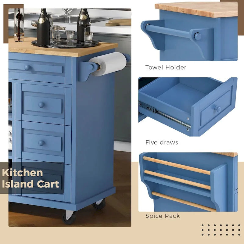 Carrello da cucina su ruote con 5 cassetti, portaspezie, portasciugamani e piano in legno di gomma