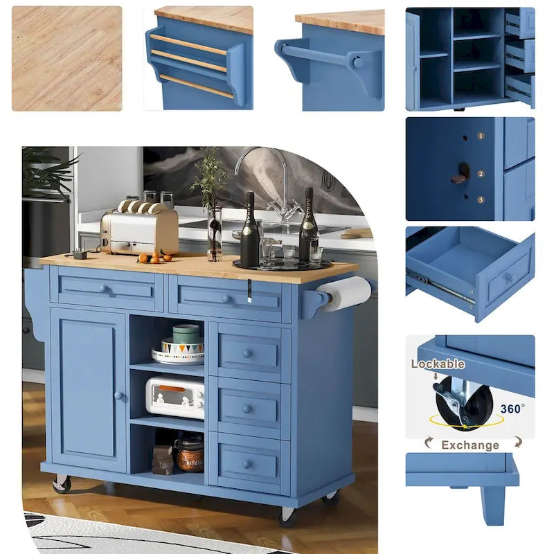 Carrello da cucina su ruote con 5 cassetti, portaspezie, portasciugamani e piano in legno di gomma