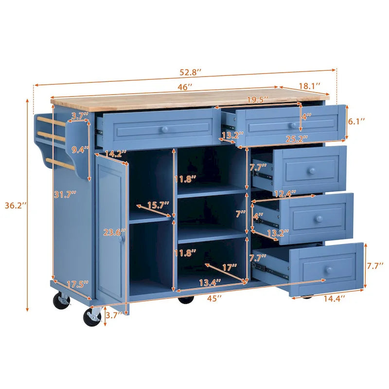 Carrello da cucina su ruote con 5 cassetti, portaspezie, portasciugamani e piano in legno di gomma