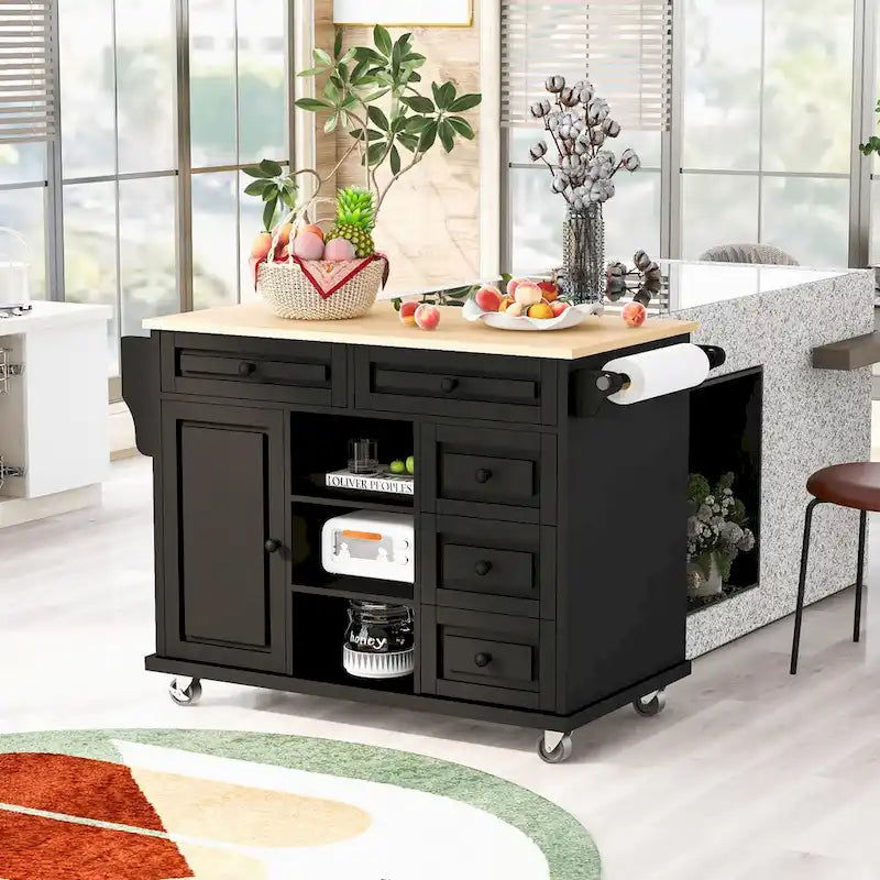 Carrello da cucina su ruote con 5 cassetti, portaspezie, portasciugamani e piano in legno di gomma