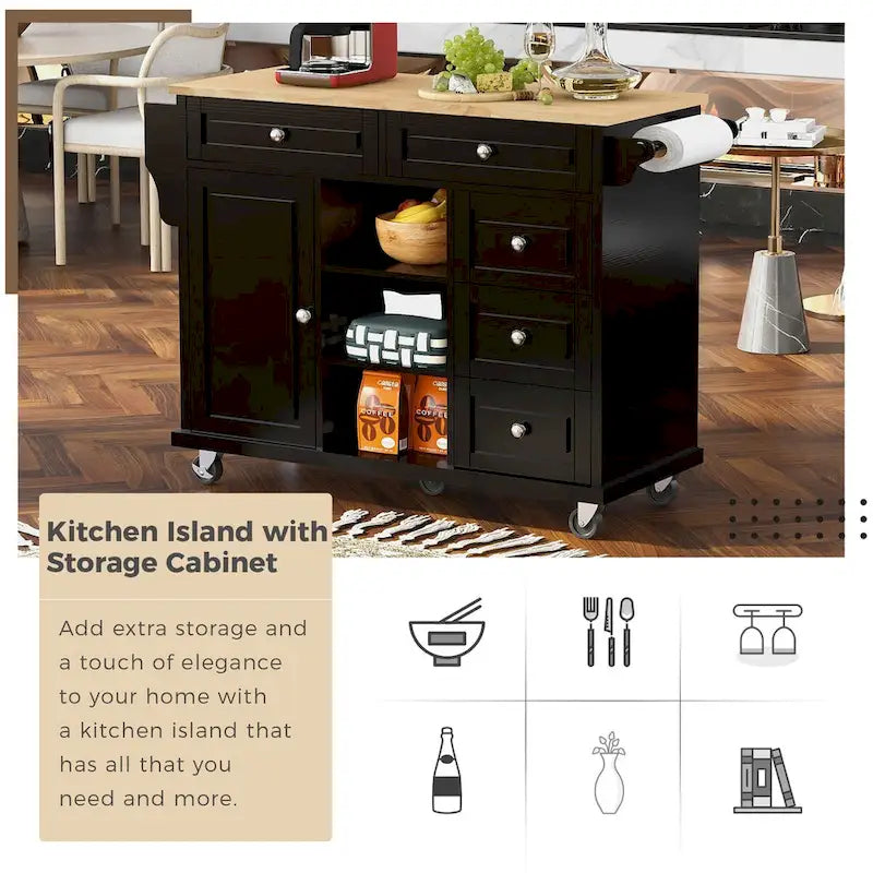 Carrello da cucina su ruote con 5 cassetti, portaspezie, portasciugamani e piano in legno di gomma