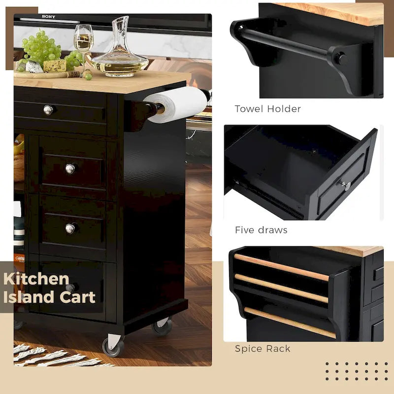 Carrello da cucina su ruote con 5 cassetti, portaspezie, portasciugamani e piano in legno di gomma