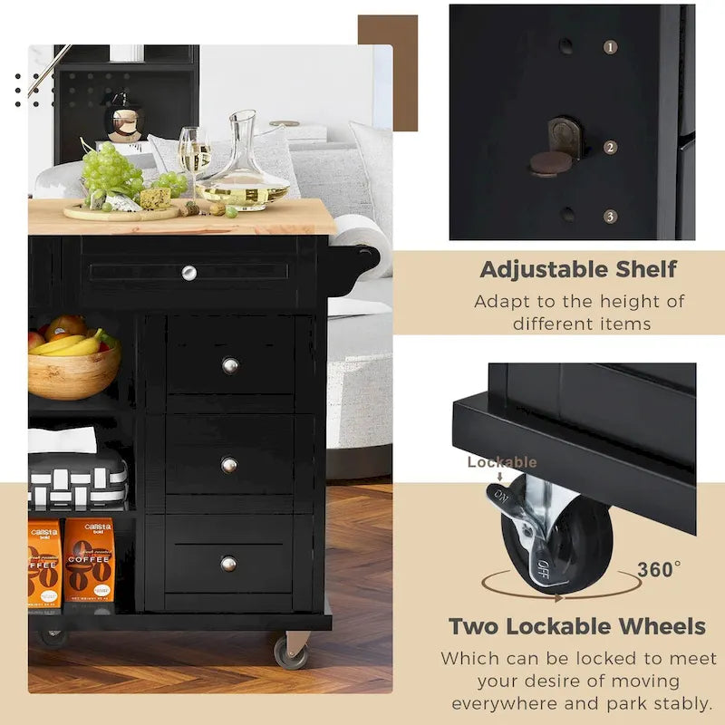 Carrello da cucina su ruote con 5 cassetti, portaspezie, portasciugamani e piano in legno di gomma