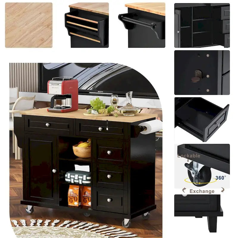 Carrello da cucina su ruote con 5 cassetti, portaspezie, portasciugamani e piano in legno di gomma