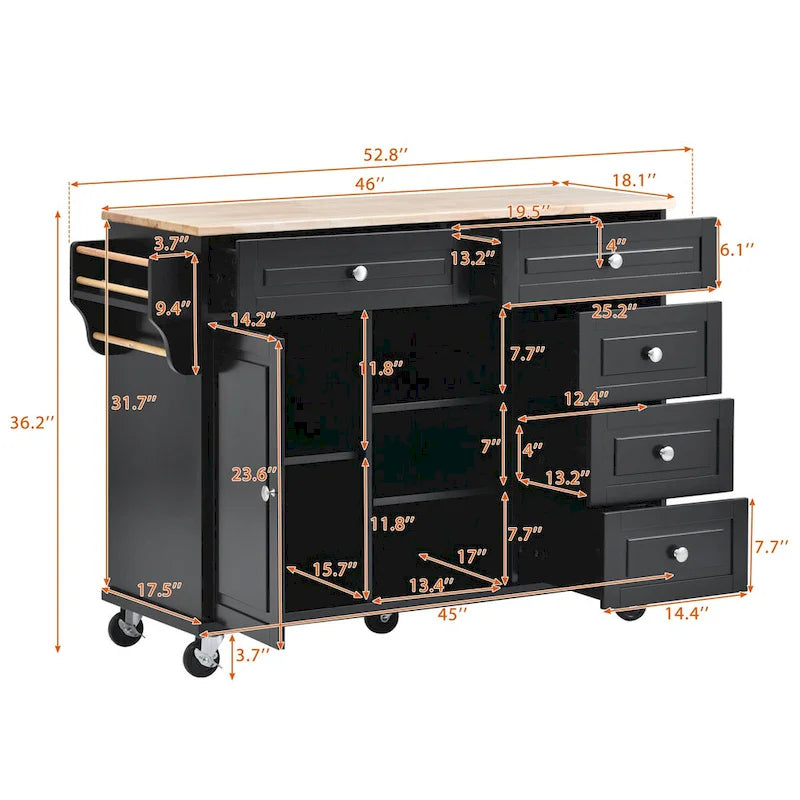 Carrello da cucina su ruote con 5 cassetti, portaspezie, portasciugamani e piano in legno di gomma