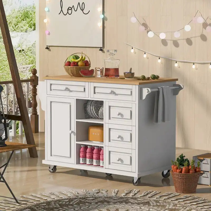 Carrello da cucina su ruote con 5 cassetti, portaspezie, portasciugamani e piano in legno di gomma