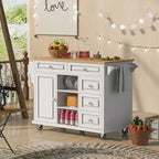 Carrello da cucina su ruote con 5 cassetti, portaspezie, portasciugamani e piano in legno di gomma