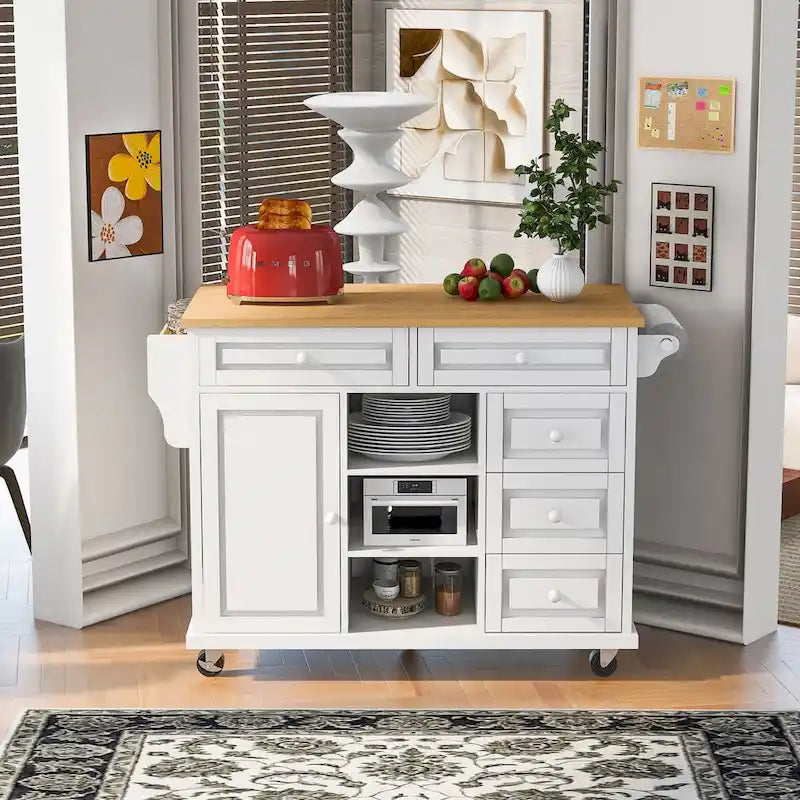 Carrello da cucina su ruote con 5 cassetti, portaspezie, portasciugamani e piano in legno di gomma