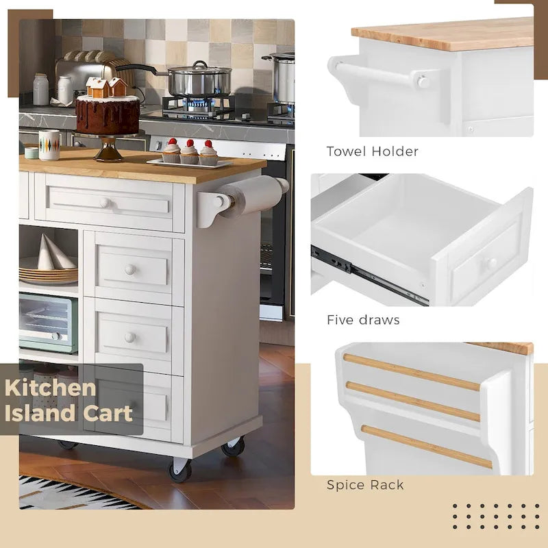 Carrello da cucina su ruote con 5 cassetti, portaspezie, portasciugamani e piano in legno di gomma