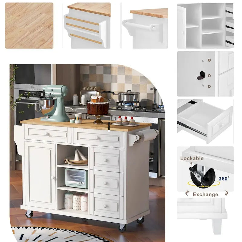 Carrello da cucina su ruote con 5 cassetti, portaspezie, portasciugamani e piano in legno di gomma
