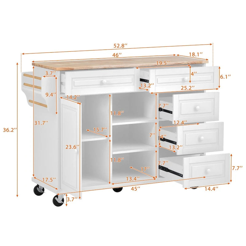 Carrello da cucina su ruote con 5 cassetti, portaspezie, portasciugamani e piano in legno di gomma