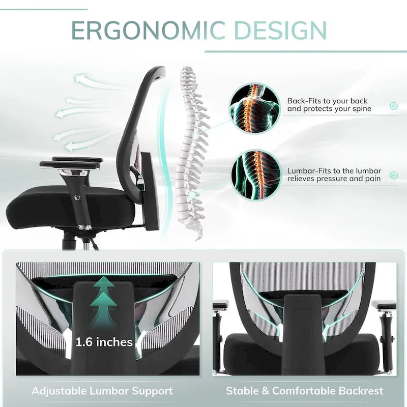 Sedia da ufficio ergonomica con sedile ampio, braccioli 4D e supporto lombare
