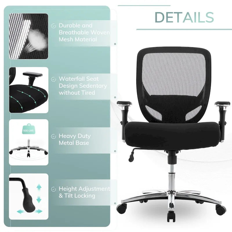 Sedia da ufficio ergonomica con sedile ampio, braccioli 4D e supporto lombare