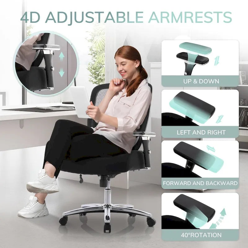 Sedia da ufficio ergonomica con sedile ampio, braccioli 4D e supporto lombare