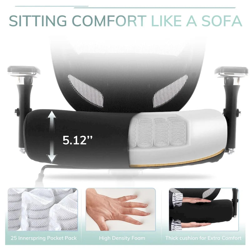 Sedia da ufficio ergonomica con sedile ampio, braccioli 4D e supporto lombare