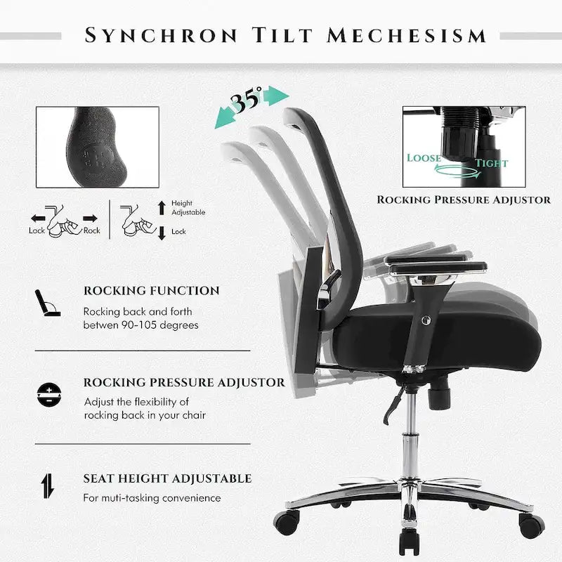 Sedia da ufficio ergonomica con sedile ampio, braccioli 4D e supporto lombare
