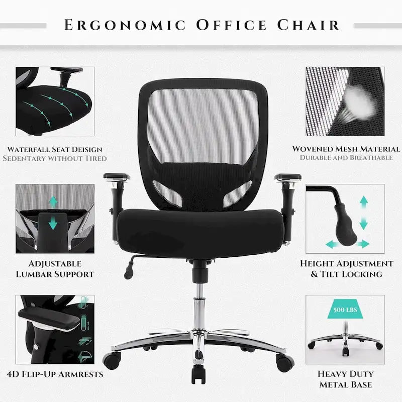 Sedia da ufficio ergonomica con sedile ampio, braccioli 4D e supporto lombare